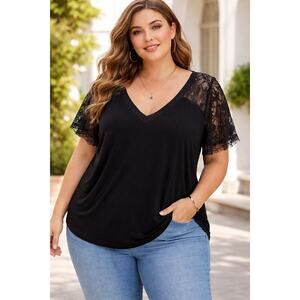 POL Women's Lace Short Sleeve V-Neck Blouse Top Romantic Boho Black Size 3XL